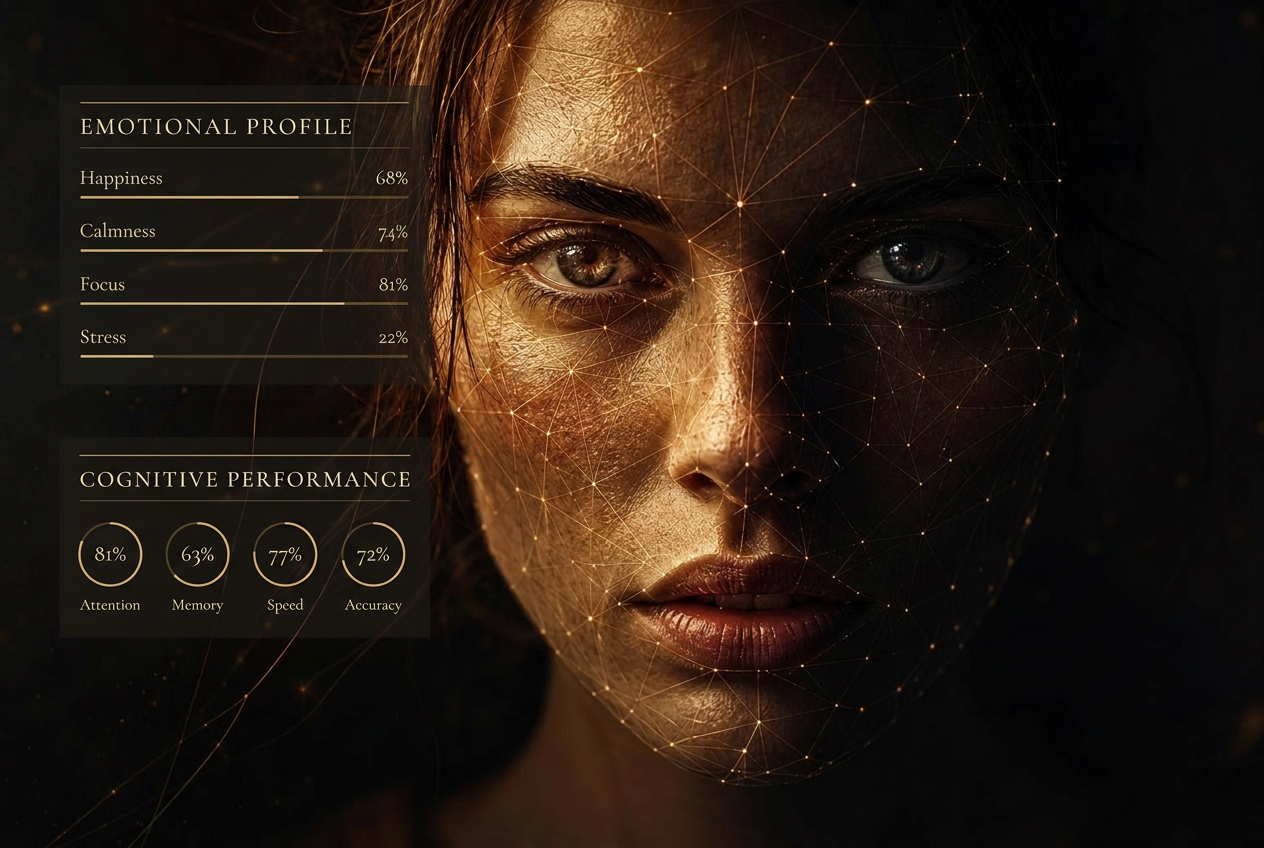 Cinematic portrait with emotional profile and cognitive performance readouts measured in real time